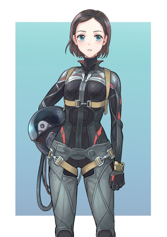 1girl, ace_combat, ace_combat_7, alma_a_shilage, aqua_background, blue_eyes, bodysuit, breasts, brown_hair, buckle, cable, child, harness, helmet, holding, looking_at_viewer, mask, oxygen_mask, parted_lips, pilot, pilot_helmet, pilot_suit, short_hair, small_breasts, takato15_c, tube
