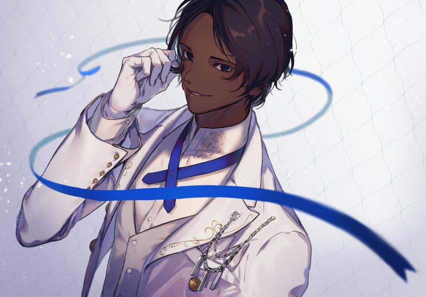 1boy, alternate_costume, arjuna_(animejapan_2016)_(fate), arjuna_(fate), brown_eyes, brown_hair, collared_shirt, dark-skinned_male