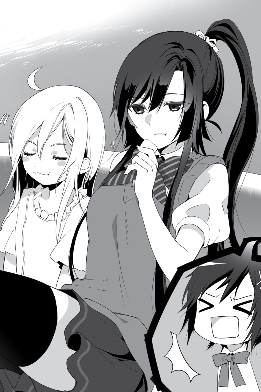 >_<, 3girls, :t, ahoge, blush, bow, bowtie, closed_eyes