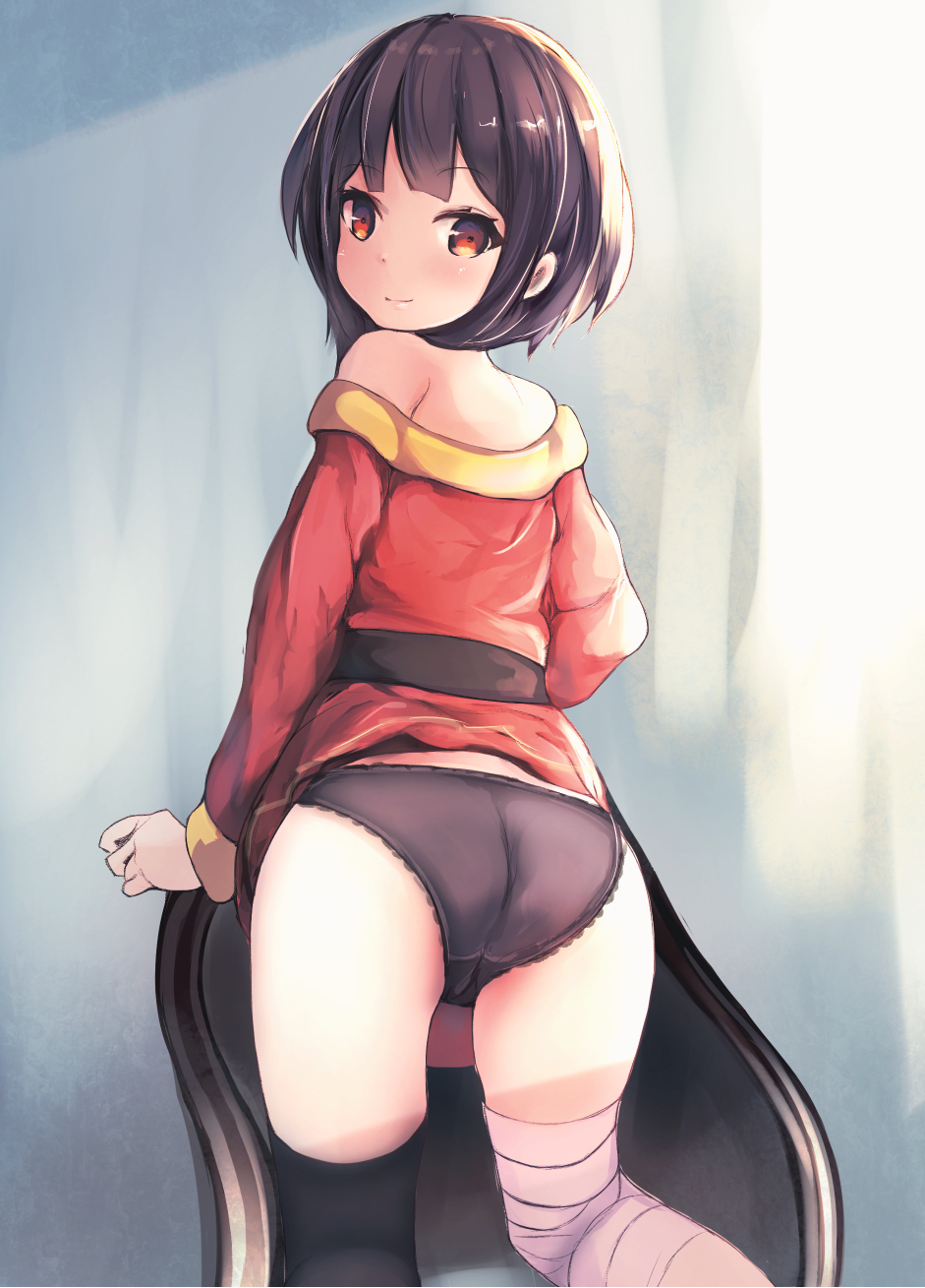 1girl, bandaged_leg, bandages, bare_shoulders, black_panties, breasts, brown_hair, choker, from_behind, highres, kono_subarashii_sekai_ni_shukufuku_wo!, looking_at_viewer, looking_back, megumin, panties, red_eyes, shimada_sarasara, short_hair_with_long_locks, smile, solo, thighhighs, underwear