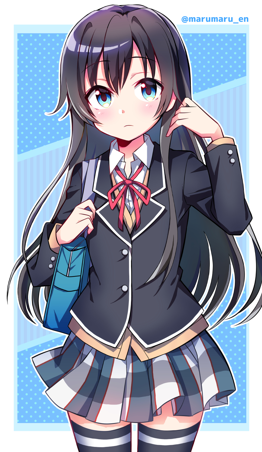 1girl, adjusting_hair, bag, black_hair, black_thighhighs, blazer, blue_eyes, blush