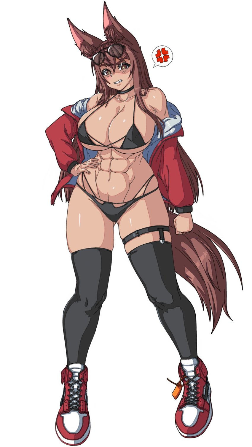 1girl, abs, air_jordan, air_jordan_1, angry, animal_ear_fluff, animal_ears, bikini, black_bikini, breasts, bright_pupils, brown_eyes, brown_hair, brups_tv, cleavage, clenched_hand, clenched_teeth, commentary, commission, english_commentary, fox_ears, hand_on_own_hip, highres, large_breasts, long_hair, looking_at_viewer, off-shoulder_jacket, off-white_(brand), off_shoulder, original, shoes, skindentation, sneakers, solo, swimsuit, teeth, thick_thighs, thigh_strap, thighhighs, thighs, very_long_hair, white_background, white_pupils