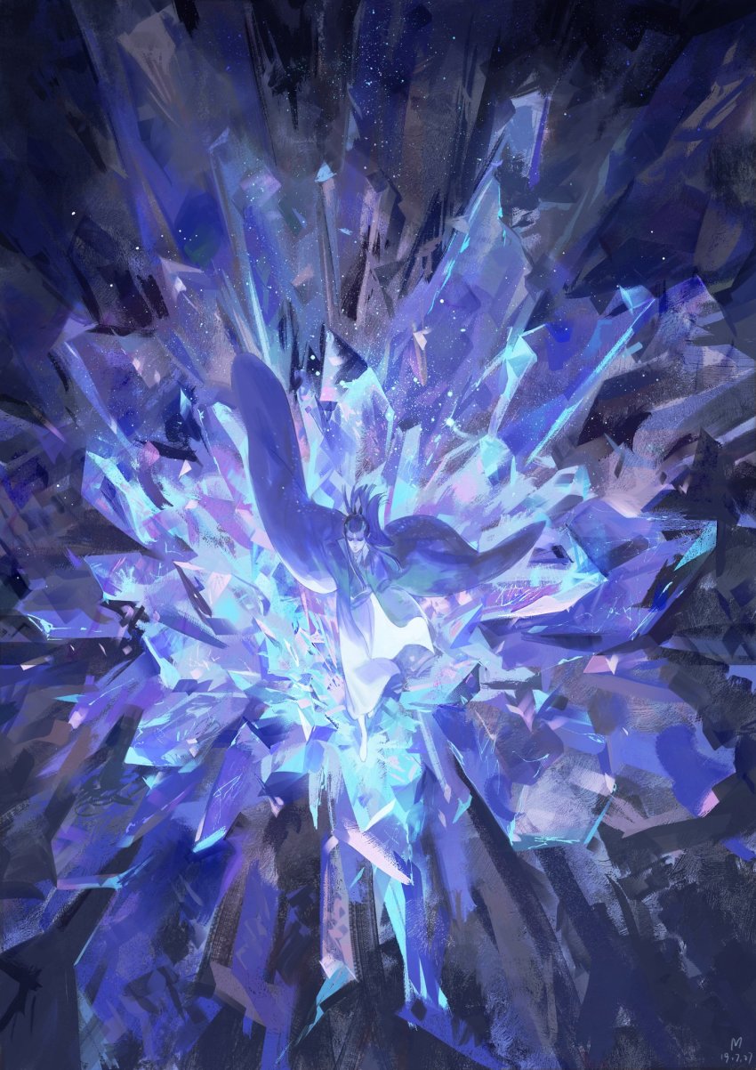 1boy, antlers, ao_bing, blue_eyes, blue_hair, blue_theme, chinese_clothes, coat