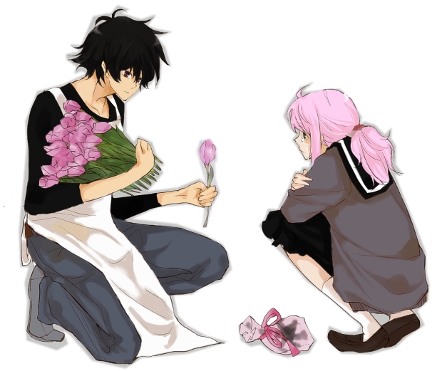 00s, 1boy, 1girl, apron, black_hair, couple, feldt_grace, flower