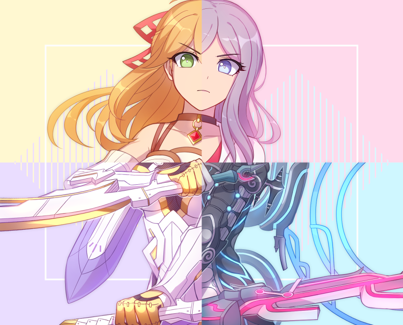 angry, aqua_background, blue_eyes, breasts, choker, cyborg, dual_persona, dual_wielding, enni, fiora_(xenoblade), galea_(xenoblade), green_eyes, grey_background, holding, long_hair, looking_at_viewer, mecha-fiora, medium_breasts, meyneth_(xenoblade), meyneth_monado, monolith_soft, pink_background, possessed, possession, silver_hair, split_theme, spoilers, sword, weapon, xeno_(series), xenoblade_chronicles_(series), xenoblade_chronicles_1, yellow_background