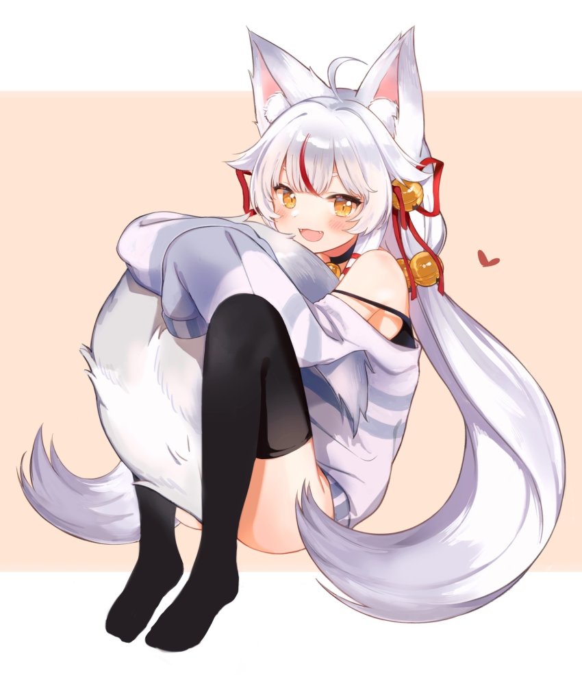 1girl, :d, animal_ear_fluff, animal_ears, barefoot, bell, black_thighhighs, choker, commission, fangs, fox_ears, fox_tail, hair_bell, hair_ornament, highres, hugging_own_tail, hugging_tail, jingle_bell, kamiko_kana, long_hair, long_sleeves, multicolored_hair, naked_sweater, no_panties, nprmtp, off_shoulder, open_mouth, orange_eyes, red_hair, silver_hair, sitting, sleeves_past_fingers, sleeves_past_wrists, smile, streaked_hair, sweater, tail, thighhighs, tsunderia, twintails, very_long_hair, virtual_youtuber