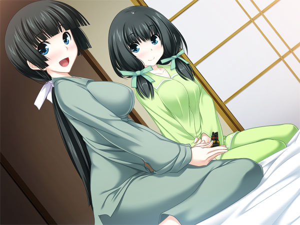 2girls, bedroom, black_hair, blue_eyes, blush, breasts, game_cg, green_ribbon, indoors, large_breasts, maji_de_watashi_ni_koi_shinasai!, mayuzumi_sayaka, mayuzumi_yukie, multiple_girls, pajamas, ponytail, ribbon, siblings, sisters, smile, twintails, white_ribbon