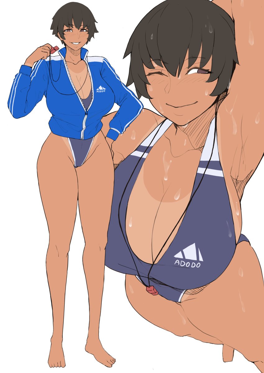 1girl, absurdres, armpits, barefoot, blue_jacket, blue_one-piece_swimsuit, breasts, brown_eyes, brown_hair, cleavage, closed_mouth, coach, competition_school_swimsuit, curvy, dark-skinned_female, dark_skin, flat_color, full_body, grin, gym_teacher, half-closed_eyes, halterneck, hand_on_own_hip, highleg, highleg_one-piece_swimsuit, highres, holding, holding_whistle, huge_breasts, jacket, looking_at_viewer, narrow_waist, one-piece_swimsuit, one-piece_tan, one_eye_closed, original, puzenketsu, school_swimsuit, short_hair, simple_background, smile, swimsuit, swimsuit_under_clothes, tan, tanline, thighs, toes, track_jacket, waan_(puzenketsu), wet, whistle, whistle_around_neck, white_background, wide_hips