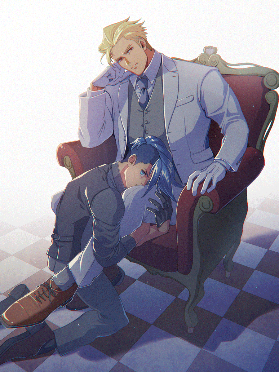 2boys, alternate_costume, asymmetrical_hair, black_gloves, blonde_hair, blue_eyes, blue_hair, couple