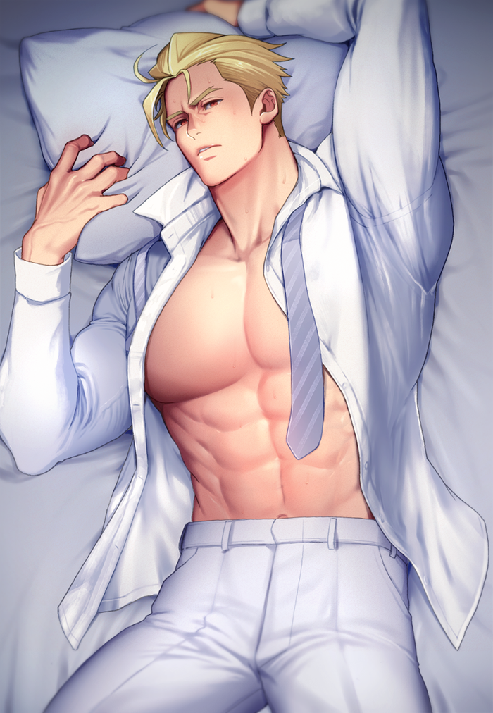 1boy, abs, bara, bed, blonde_hair, cowboy_shot, d-red, kray_foresight