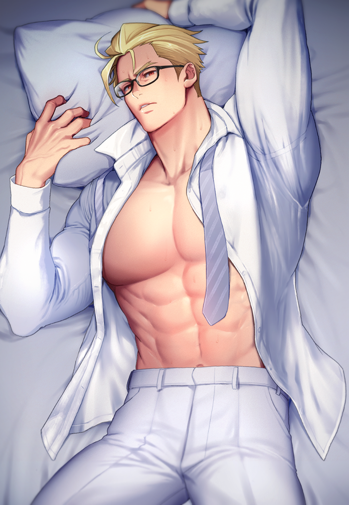1boy, abs, bara, bed, blonde_hair, cowboy_shot, d-red, glasses