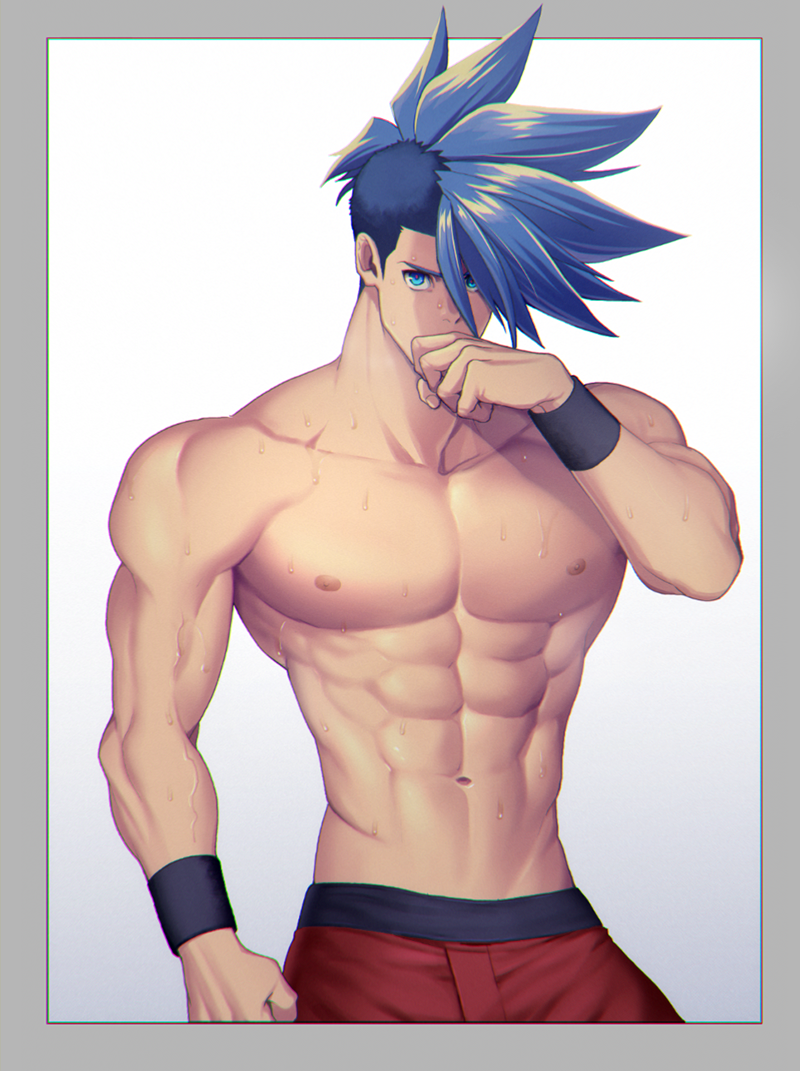 1boy, abs, asymmetrical_hair, bara, blue_eyes, blue_hair, d-red, galo_thymos, large_pectorals, male_focus, manly, muscular, navel, nipples, pants, pectorals, promare, short_hair, sidecut, simple_background, solo, spiked_hair, topless_male, undercut, upper_body
