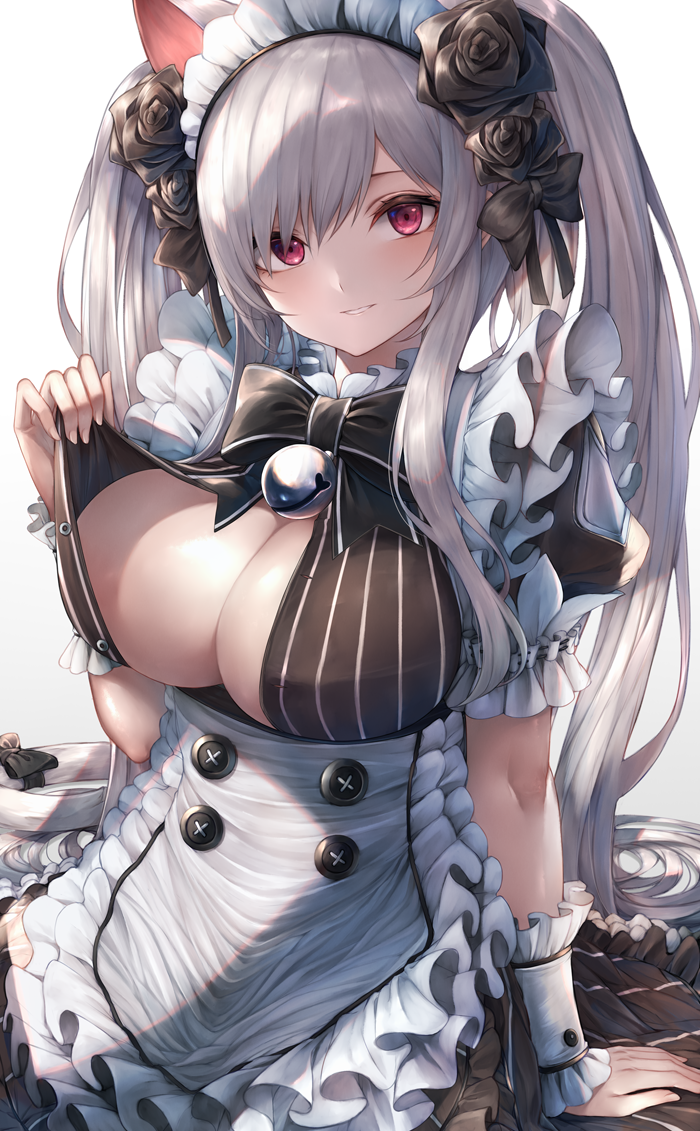 1girl, animal_ears, apron, bell, black_bow, black_bowtie, black_dress, black_flower, black_rose, blush, bow, bowtie, breasts, buttons, cat_ears, cat_girl, cat_tail, cleavage, commentary_request, destiny_child, dress, flower, frilled_apron, frilled_sleeves, frills, hair_flower, hair_ornament, jingle_bell, large_breasts, long_hair, looking_at_viewer, maid, maid_headdress, no_bra, open_clothes, open_dress, parted_lips, puffy_short_sleeves, puffy_sleeves, purple_eyes, rose, short_sleeves, sidelocks, silver_hair, simple_background, smile, snm_(sunimi), solo, striped_clothes, striped_dress, sytry_(destiny_child), tail, tail_bow, tail_ornament, twintails, vertical-striped_clothes, vertical-striped_dress, very_long_hair, waist_apron, white_apron, white_background, wrist_cuffs