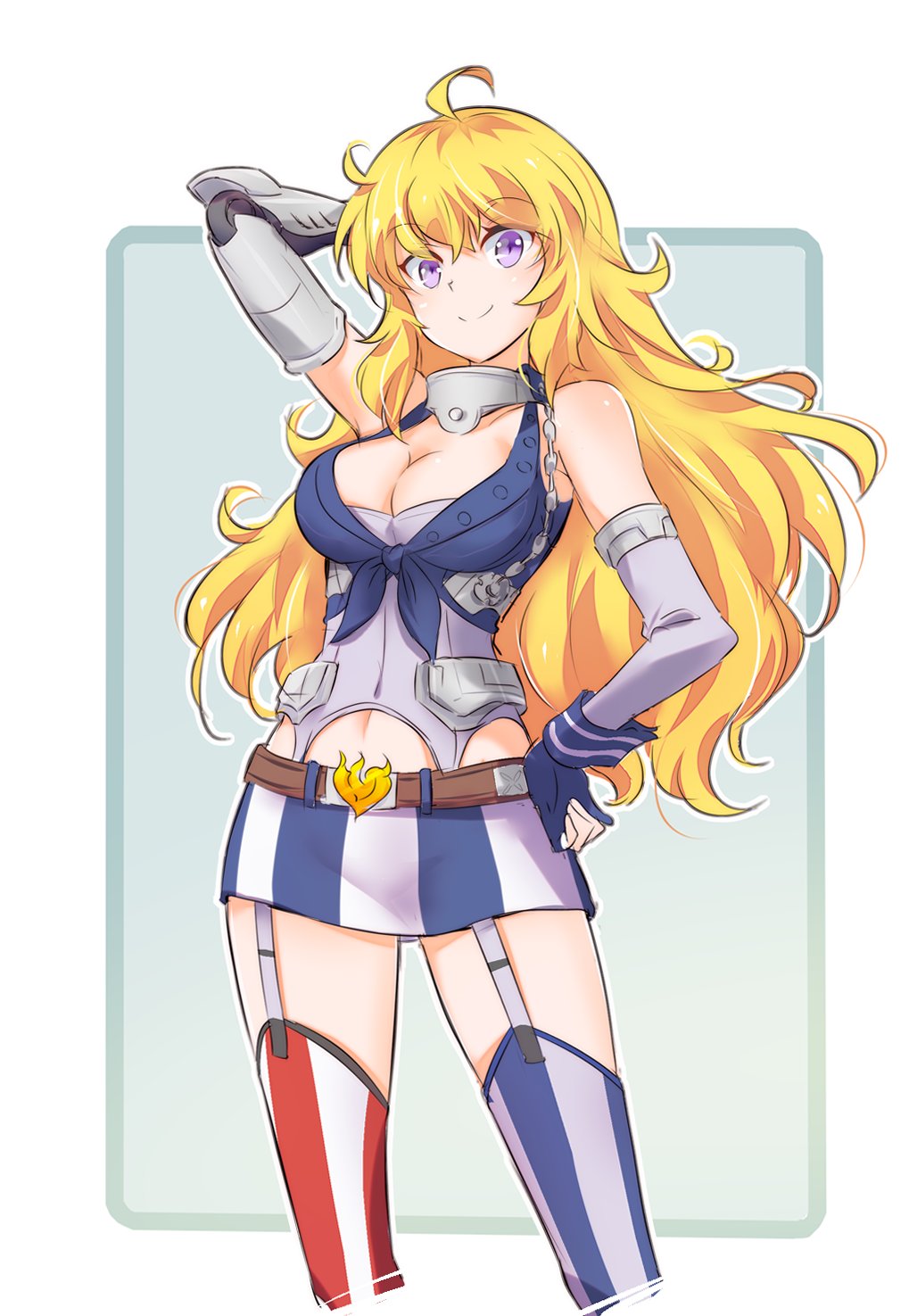 1girl, ahoge, american_flag_legwear, blonde_hair, breasts, cleavage, cosplay, fingerless_gloves