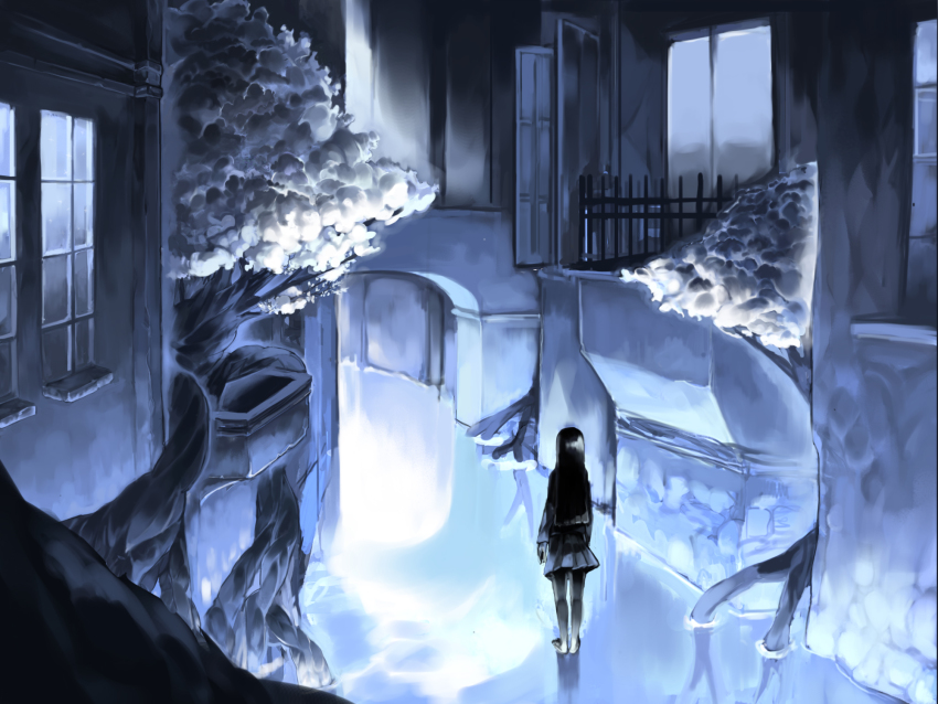 1girl, barefoot, black_hair, blue_theme, highres, house, long_hair, original