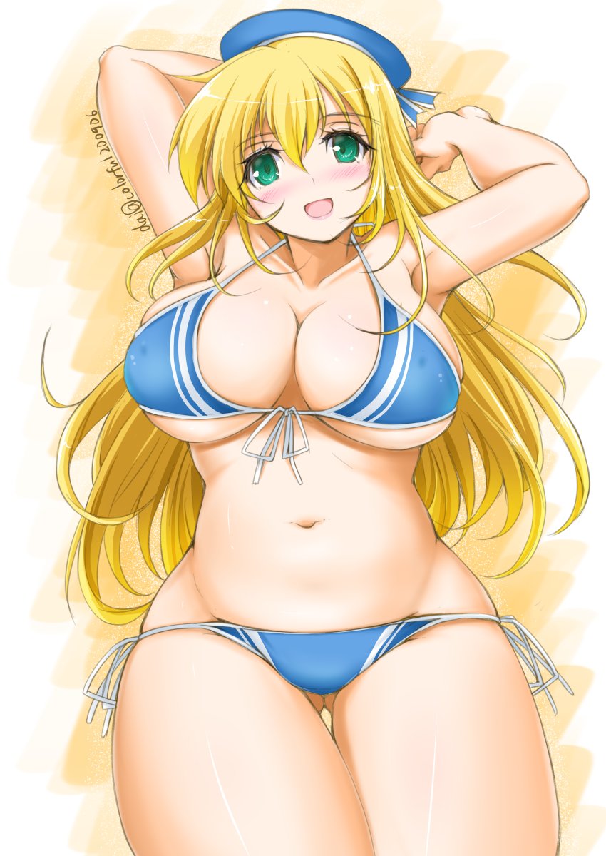 1girl, akimoto_dai, arm_behind_head, atago_(kancolle), beret, bikini, blonde_hair, blue_bikini