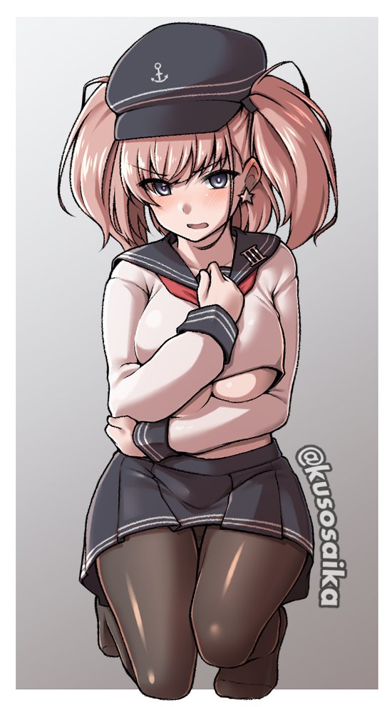 1girl, akatsuki_(kancolle), akatsuki_(kancolle)_(cosplay), anchor_symbol, atlanta_(kancolle), badge, black_hat, black_pantyhose