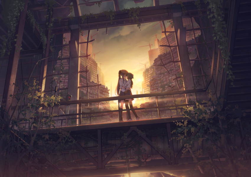 2girls, abandoned, absurdres, bird, blue_hair, bow, bridge, building