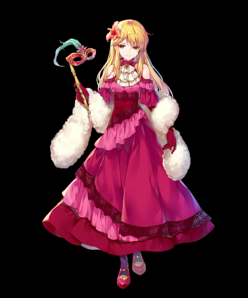 1girl, bare_shoulders, black_legwear, blonde_hair, brown_hair, dress, feather_boa, fire_emblem, fire_emblem:_genealogy_of_the_holy_war, fire_emblem_heroes, flower, frilled_dress, frills, full_body, gloves, hair_flower, hair_ornament, highres, lachesis_(fire_emblem), lachesis_(masquerade)_(fire_emblem), long_dress, long_hair, miwabe_sakura, nintendo, official_art, red_dress, red_footwear, solo, standing, transparent_background