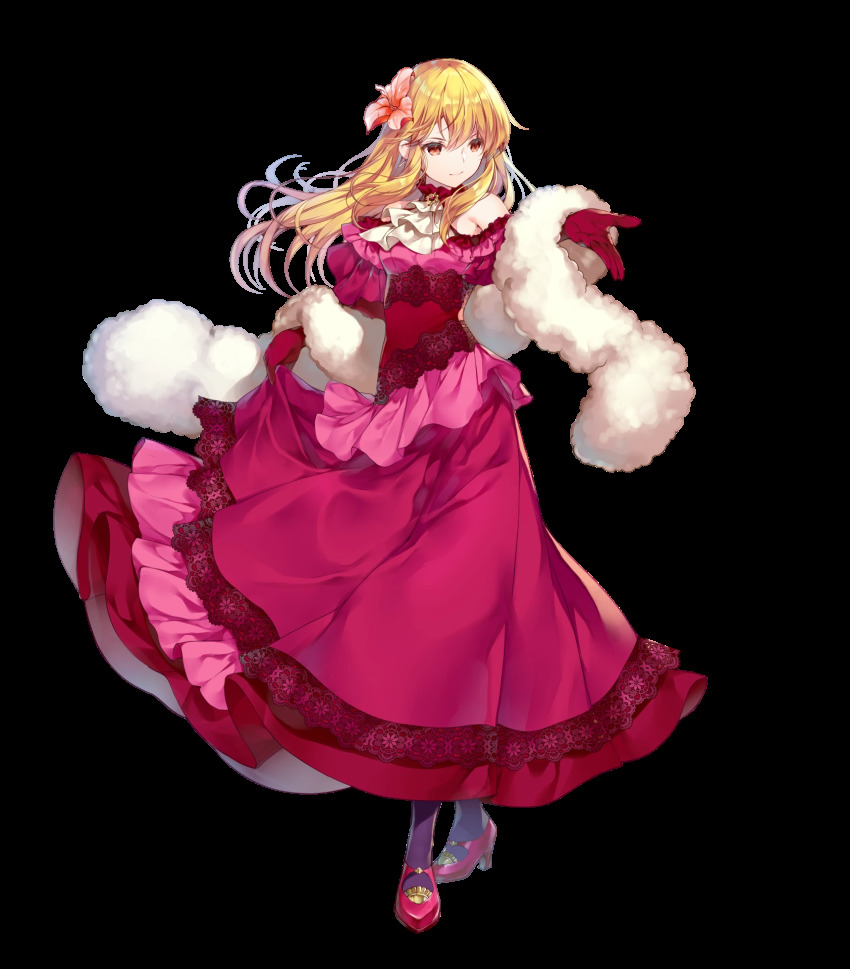 1girl, bare_shoulders, black_legwear, blonde_hair, brown_hair, dress, feather_boa, fire_emblem