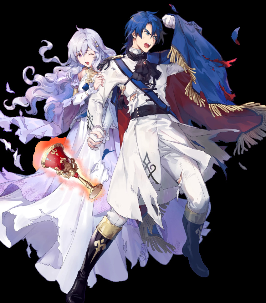 1boy, 1girl, azu-taro, gown, ballroom_dress, ballroom_gown, black_footwear, blue_eyes