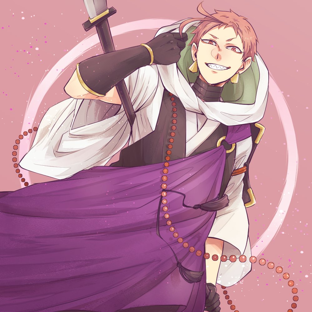 1boy, armor, earrings, gloves, grin, gura_(rick_grick), hood, hood_down