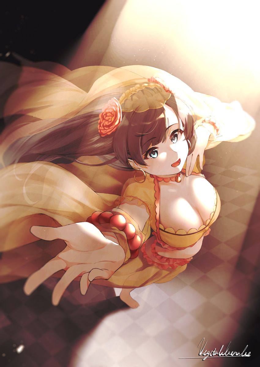1girl, absurdres, blue_eyes, breasts, brown_hair, choker, cleavage, dancer