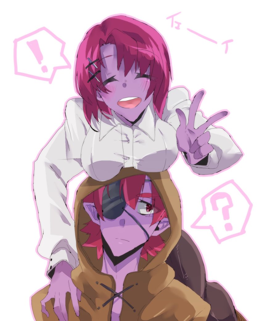 1boy, 1girl, artist_request, bad_id, bad_twitter_id, breast_press, colored_skin, eyepatch