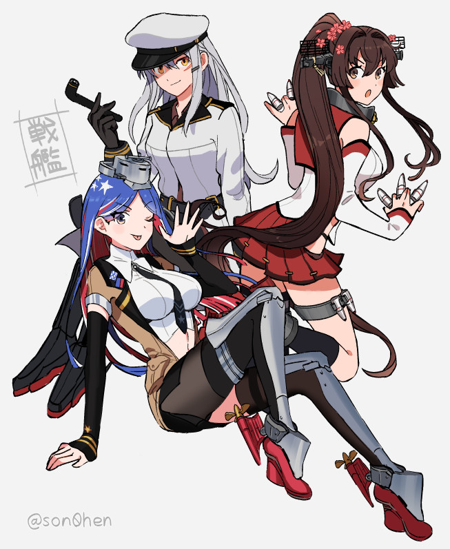 3girls, belt, black_gloves, black_legwear, black_skirt, blue_hair, breasts, brown_hair