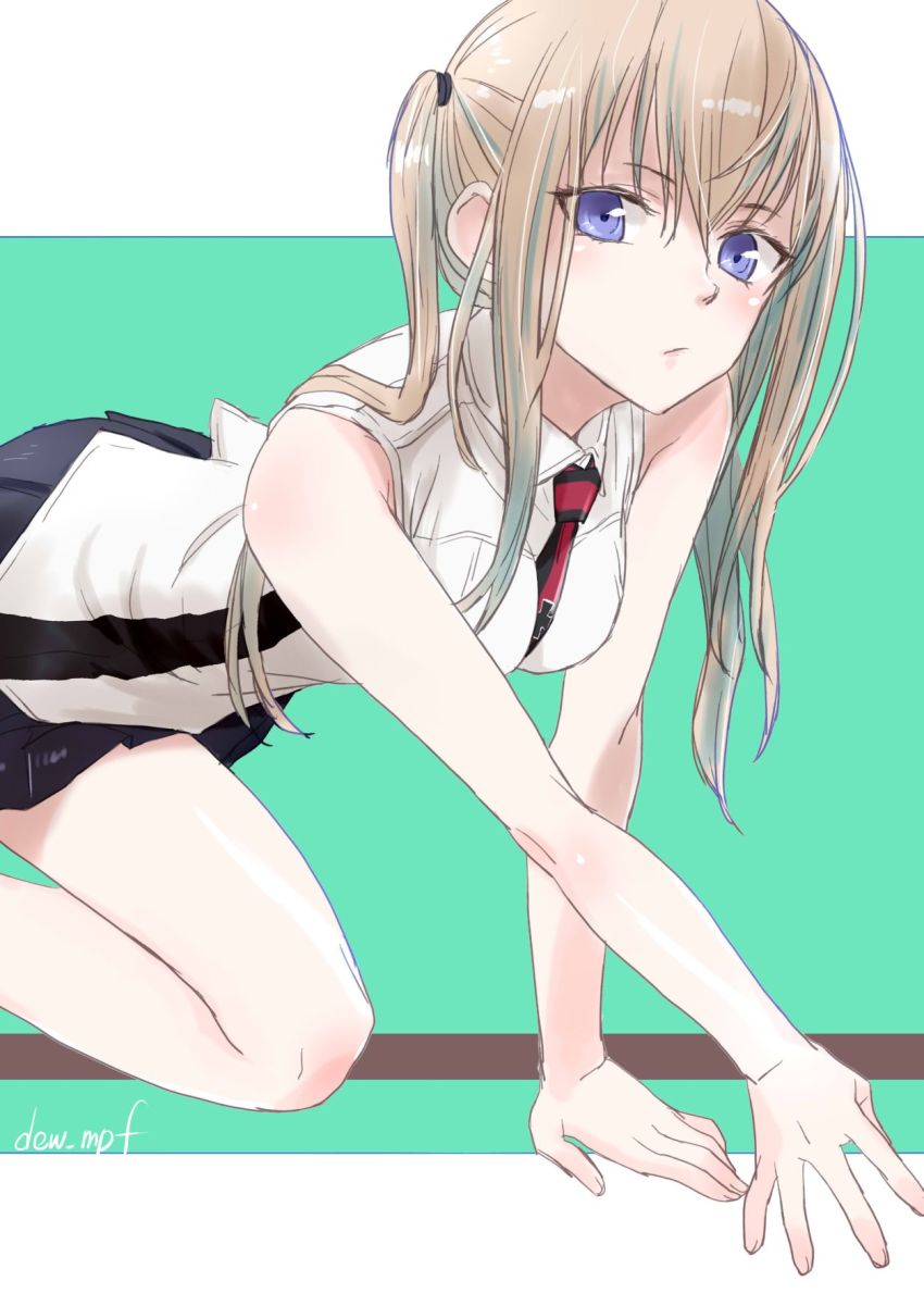 1girl, all_fours, artist_name, bare_shoulders, between_breasts, black_skirt, blonde_hair, breasts