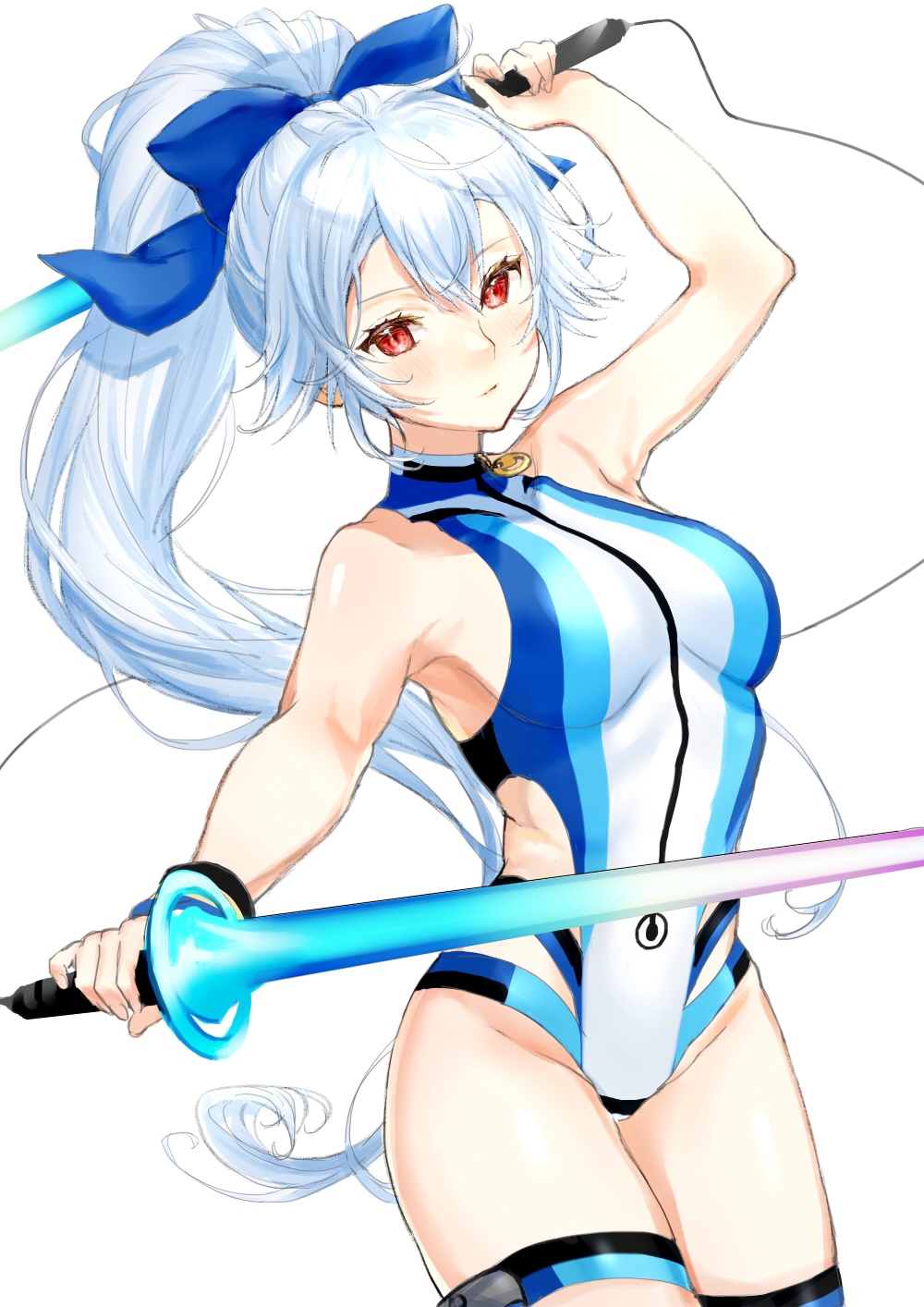 1girl, bad_id, bad_pixiv_id, blue_bow, blue_one-piece_swimsuit, bow, breasts, competition_swimsuit