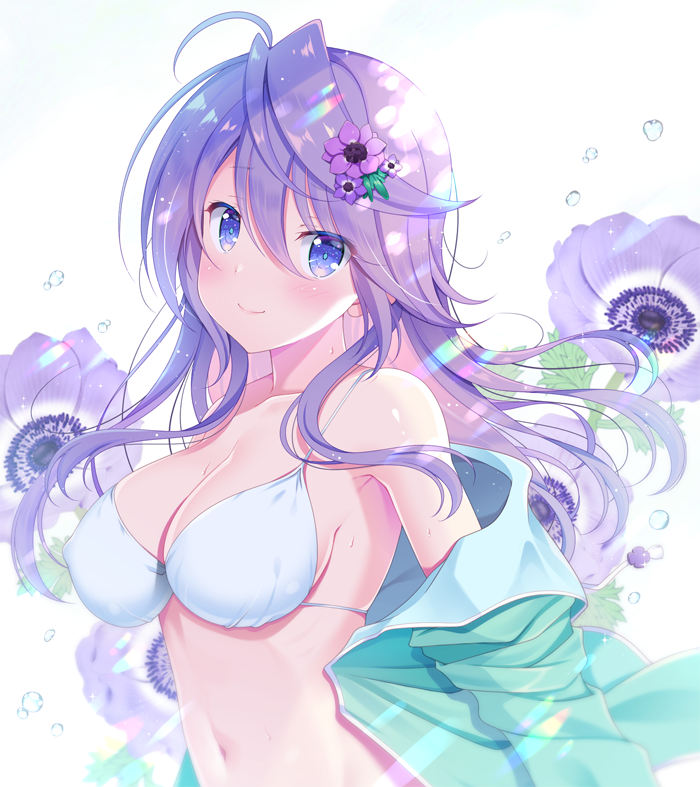 1girl, ahoge, anemone_(flower), anemone_(flower_knight_girl), aqua_jacket, armpits, bare_shoulders, bikini
