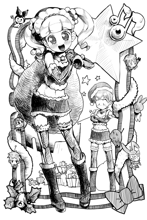 00s, 2boys, 3girls, baku_(sanrio), blush, boots, christmas, drill_hair