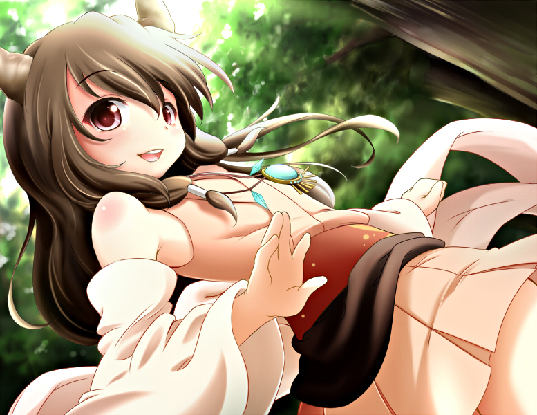 1girl, bad_id, bad_pixiv_id, bare_shoulders, brown_hair, detached_sleeves, female_focus, flat_chest