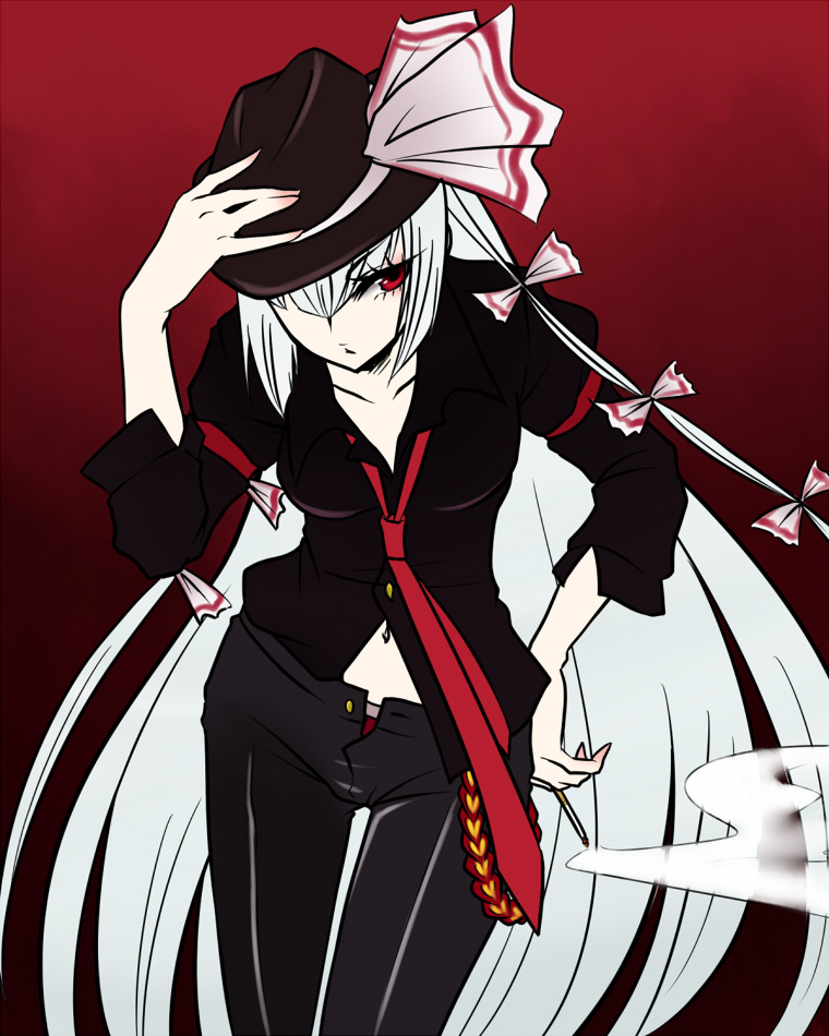 1girl, bow, female_focus, fujiwara_no_mokou, hair_ribbon, hat, long_hair, navel