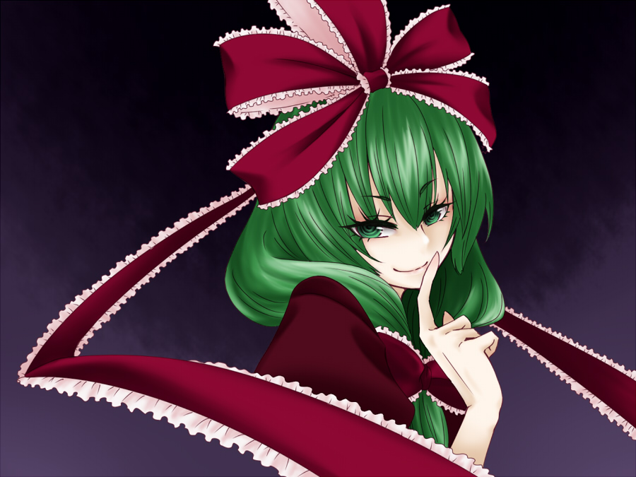 1girl, female_focus, finger_to_mouth, green_eyes, green_hair, hair_ribbon, kagiyama_hina, matching_hair/eyes