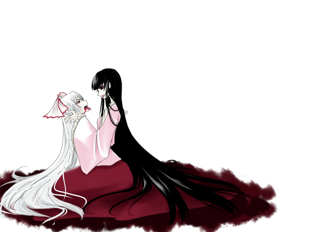 black_hair, blood, bow, female_focus, fujiwara_no_mokou, guro, houraisan_kaguya, long_hair
