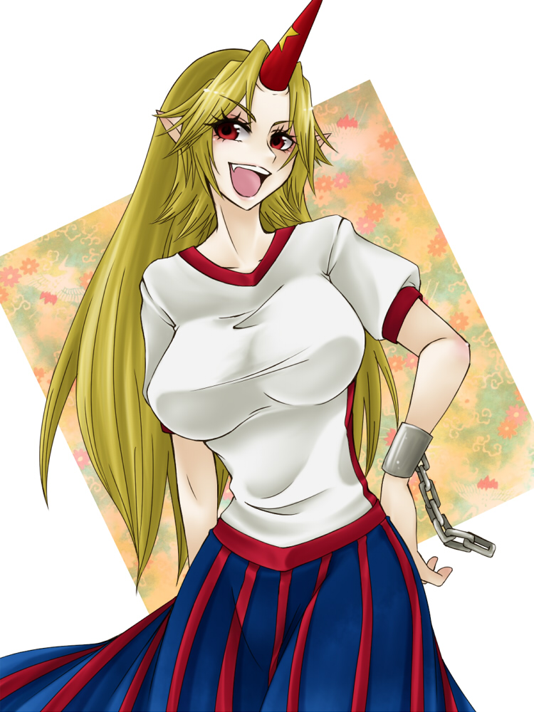 1girl, blonde_hair, breasts, cuffs, fang, female_focus, handcuffs, horns