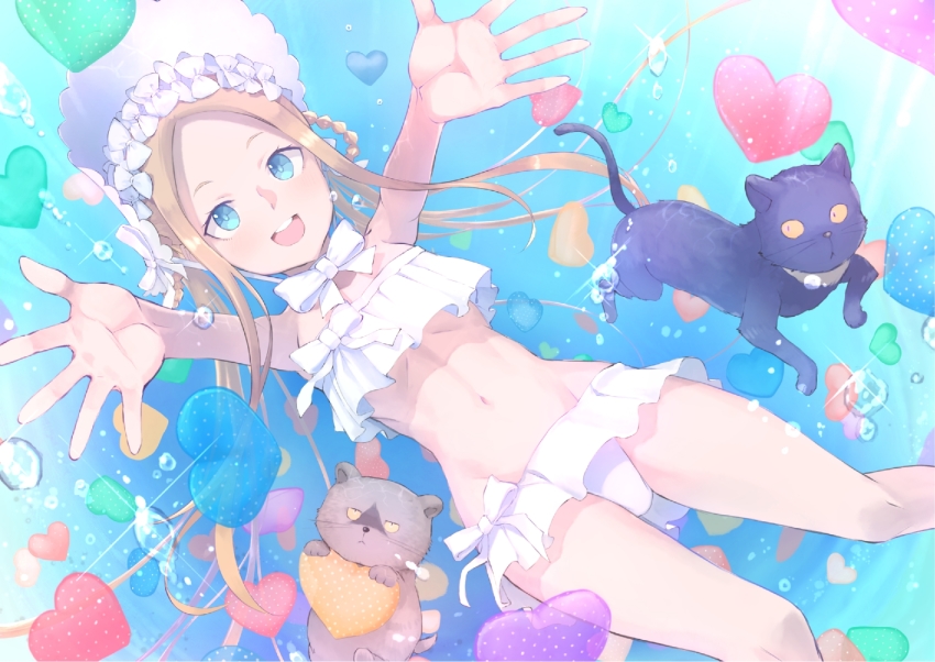 1girl, abigail_williams_(fate), abigail_williams_(swimsuit_foreigner)_(fate), abigail_williams_(swimsuit_foreigner)_(third_ascension)_(fate), bare_shoulders, bikini, black_cat, blonde_hair