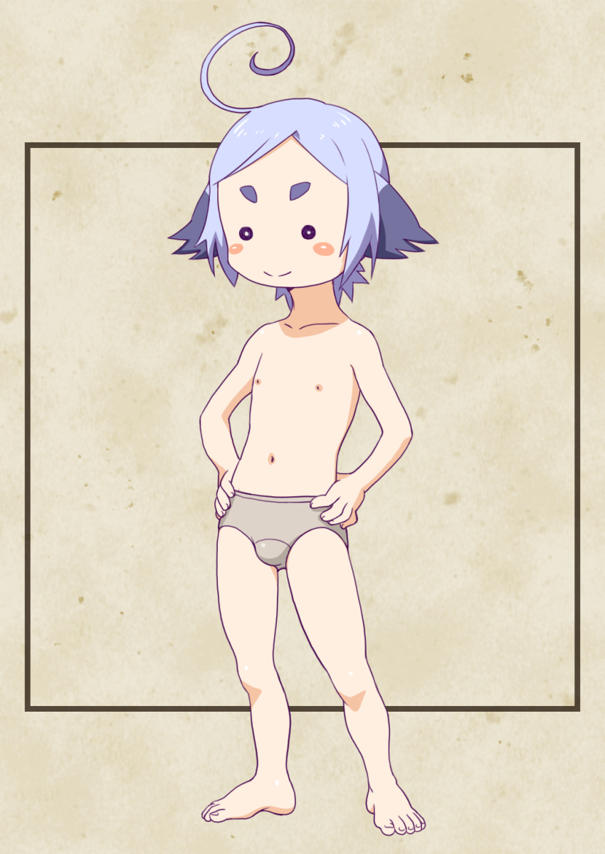 1boy, :>, ahoge, barefoot, blue_hair, blush_stickers, briefs, bulge, full_body, grey_briefs, grey_male_underwear, hada_toshiya, halfling, highres, huge_ahoge, ishuzoku_reviewers, kanchal, light_blue_hair, male_focus, male_underwear, multicolored_hair, navel, nipples, short_eyebrows, topless_male, underwear, underwear_only