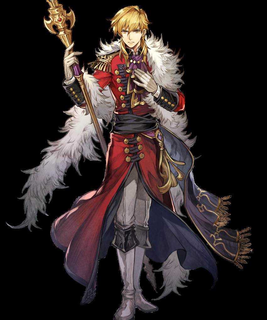 1boy, alternate_costume, blonde_hair, boots, eldigan_(fire_emblem), eldigan_(masquerade)_(fire_emblem), epaulettes, feather_boa