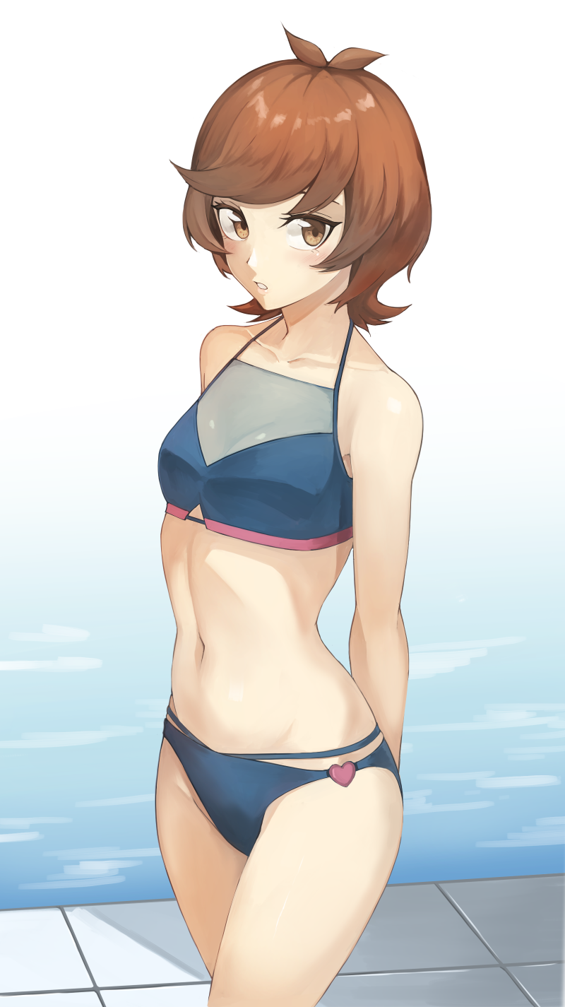 1girl, arms_behind_back, bikini, blue_bikini, breasts, brown_hair, cleavage, collarbone, cowboy_shot, gradient_background, halterneck, heart, highres, looking_at_viewer, navel, parted_lips, rourou_ill, short_hair, small_breasts, solo, standing, swept_bangs, swimsuit, yu-gi-oh!, yu-gi-oh!_vrains, yuu-gi-ou, yuu-gi-ou_vrains, zaizen_aoi
