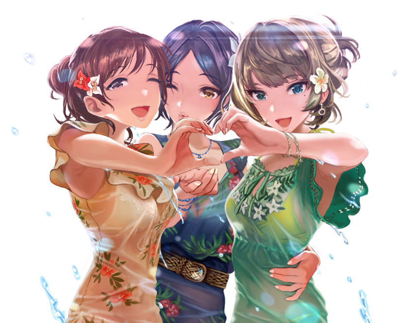 3girls, :d, alternate_hairstyle, arm_up, armpits, belt, black_eyes, blue_dress
