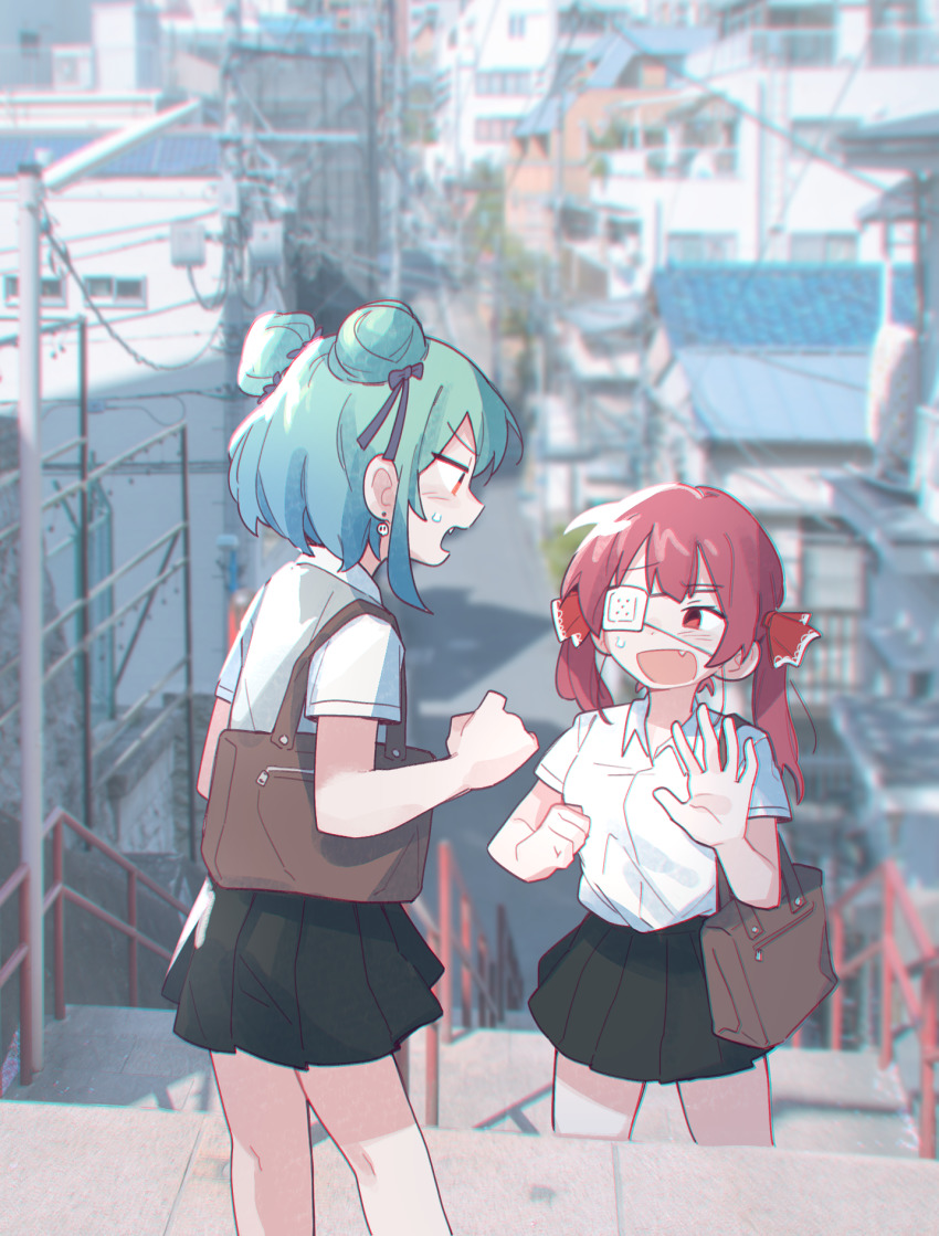 2girls, adan_imas, alternate_costume, bag, black_skirt, chromatic_aberration, cowboy_shot, double_bun, earrings, eyepatch, fang, green_hair, hair_ribbon, highres, hololive, houshou_marine, jewelry, multiple_girls, outdoors, photo_background, pleated_skirt, red_eyes, red_hair, red_ribbon, ribbon, school_bag, school_uniform, short_hair, skirt, stairs, sweatdrop, twintails, uruha_rushia, virtual_youtuber