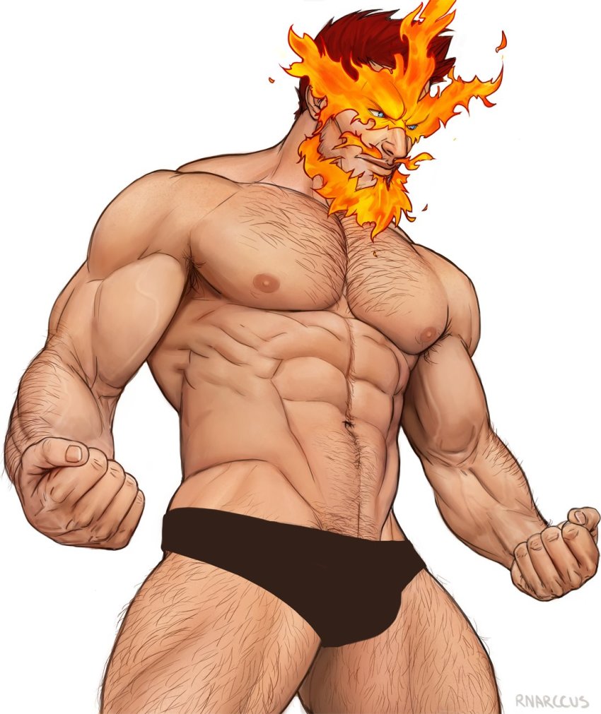 1boy, abs, bara, beard, black_briefs, black_male_underwear, blue_eyes, body_hair, boku_no_hero_academia, bulge, cowboy_shot, endeavor_(boku_no_hero_academia), facial_hair, fire, hairy, highres, large_pectorals, male_focus, male_underwear, manly, marcus_(rnarccus), muscular, navel, nipples, pectorals, realistic, red_hair, short_hair, solo, spiked_hair, thick_thighs, thighs, topless_male, underwear, underwear_only, white_background