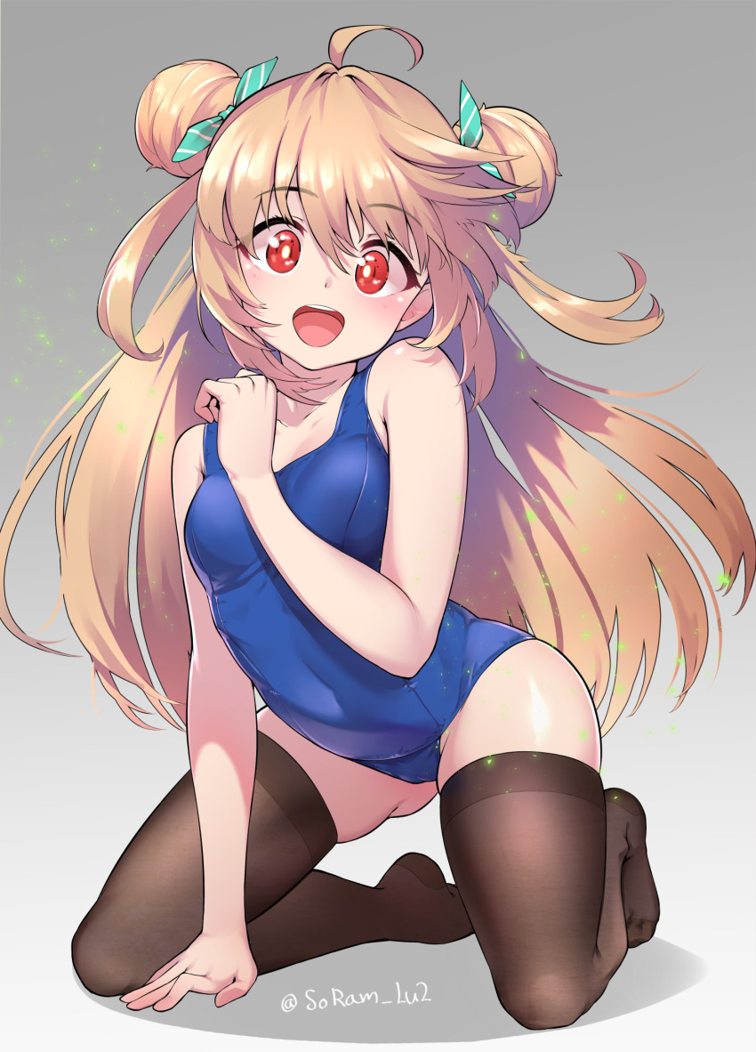 1girl, :d, ahoge, arched_back, arm_between_breasts, arm_support, artist_name, bare_shoulders