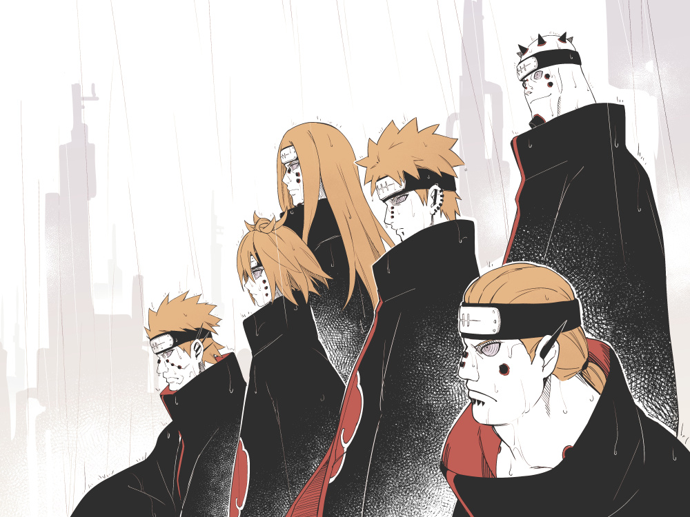1girl, 5boys, ajisai_(naruto), akatsuki_uniform, animal_path, asutora, black_cloak, canon_genderswap