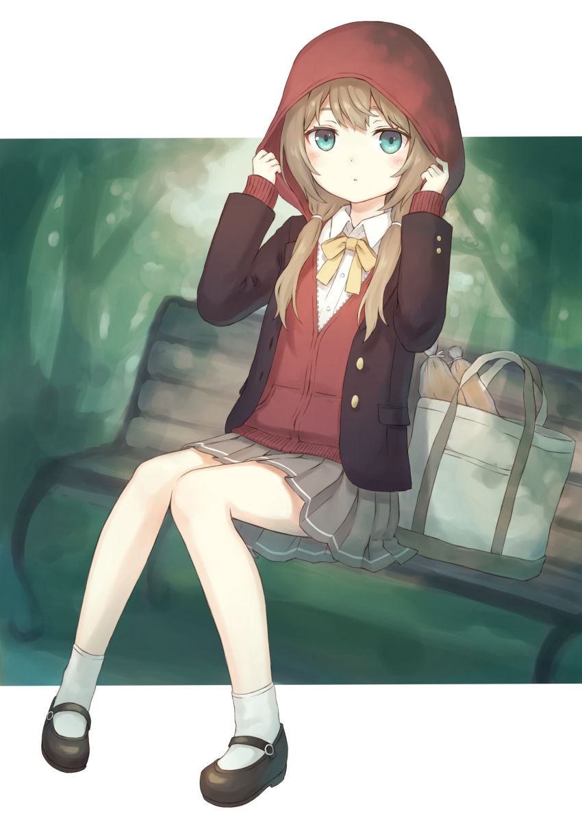 104_(luins104), 1girl, bag, bench, black_shoes, blazer, blue_eyes, bow