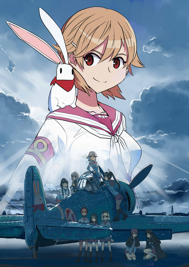 6+girls, aircraft, airplane, animal, animal_ear_fluff, animal_on_shoulder, black_legwear, blue_sky