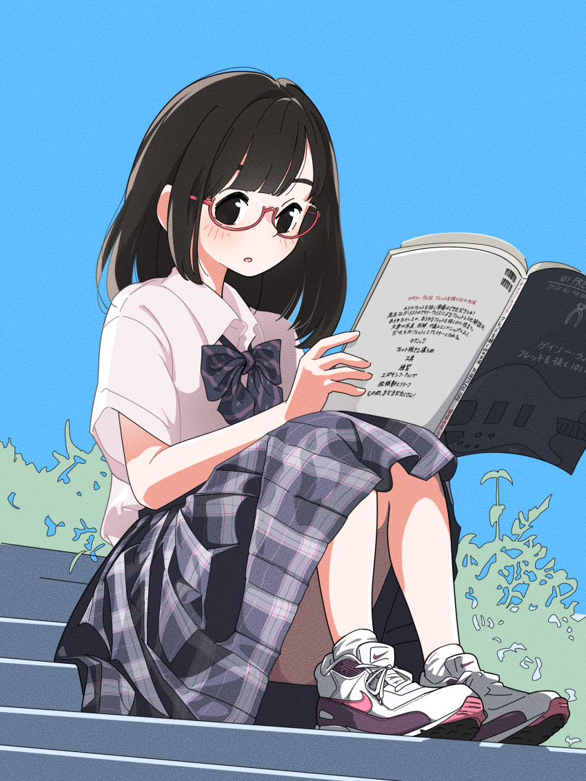 1girl, black_eyes, black_hair, book, bow, bowtie, glasses, highres, holding, holding_book, long_skirt, medium_hair, nike_(company), original, outdoors, plaid_bow, plaid_bowtie, plaid_clothes, plaid_neckwear, plaid_skirt, pleated_skirt, reading, red-framed_eyewear, school_uniform, semi-rimless_eyewear, shoes, short_sleeves, sitting, skirt, sneakers, socks, solo, stairs, tariki_fretless, white_socks
